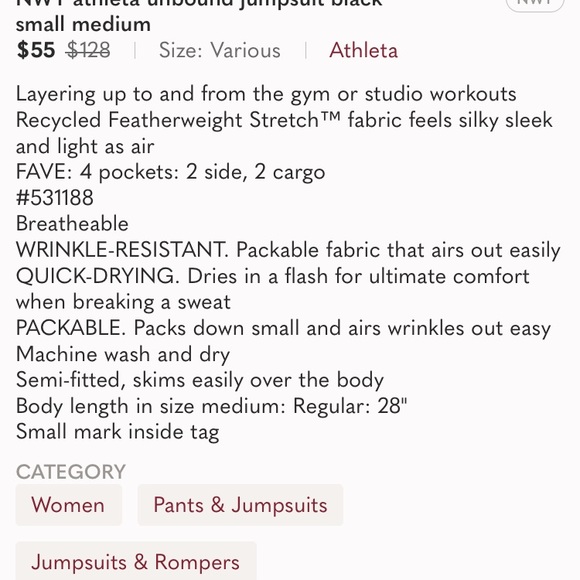 Athleta Unbound Black Jumpsuit NWT - Picture 6 of 6